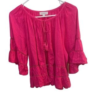 NWT Calligraphie Linen Tie Front Bell Sleeve Top Hot Pink 🩷Large Bohemian